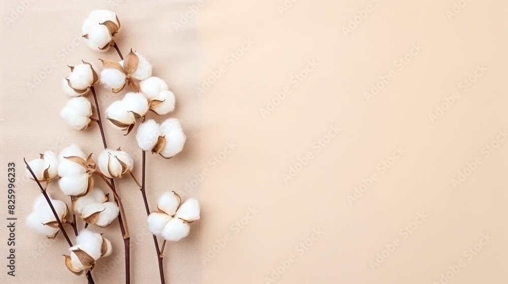 White cotton flowers on beige background. Flat lay, top view. White cotton flowers on beige background. Flat lay, top view.