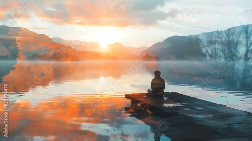 A lone figure sits on a wooden dock, gazing at a breathtaking sunrise over a tranquil lake surrounded by snow-capped mountains. photo