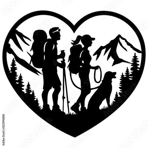 Heart-shaped silhouette illustration of a mountaineering couple with a dog in a mountainous landscape. It is a symbol of adventure and love of nature.