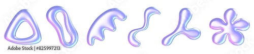 Holographic liquid y2k shape. 3d render illustration set of abstract fluid metal graphic objects of different inflatable forms with holography effect. Geometric chrome shiny glossy bubbles.