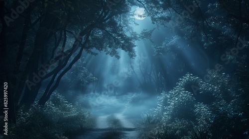 Moonlight cascading through the trees of a dark forest, illuminating a foggy path with a soft, mystical glow.