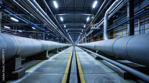 Long perspective view of large industrial pipelines inside a processing plant, illuminated by overhead lights at night.