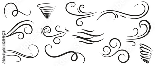 Doodle wind line sketch set. Hand drawn doodle wind motion, air blow, swirl elements. Sketch drawn air blow motion, smoke flow art, abstract line. Vector illustration. Isolated on white background .