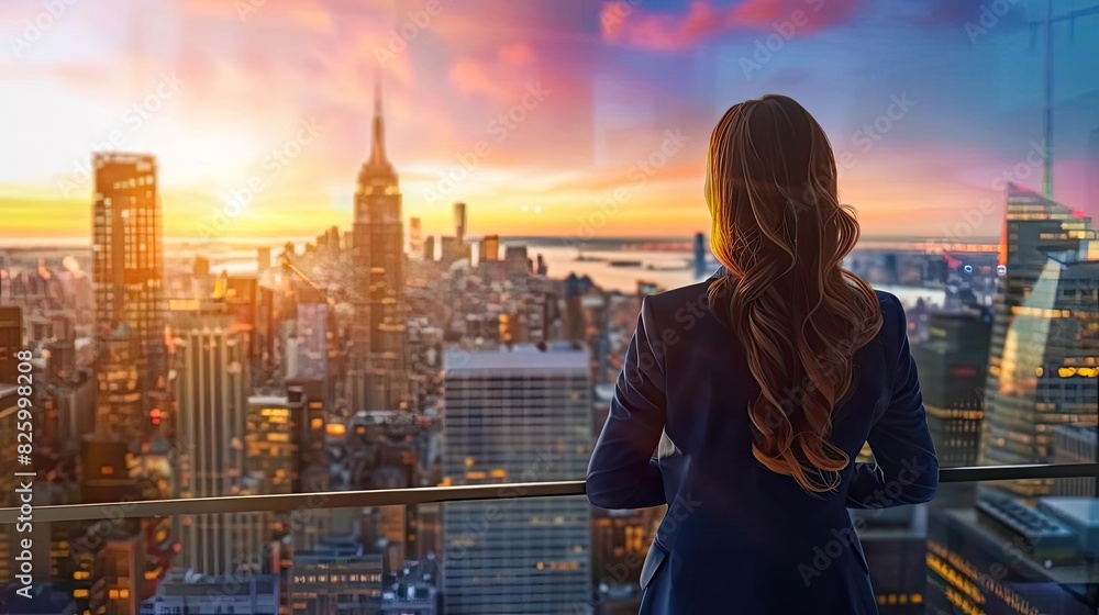 Back view of a businesswoman overlooking the New York City skyline at sunset from a high-rise office with a stunning panoramic view. Back view of a businesswoman overlooking the New York City skyline at sunset from a high-rise office with a stunning panoramic view.
