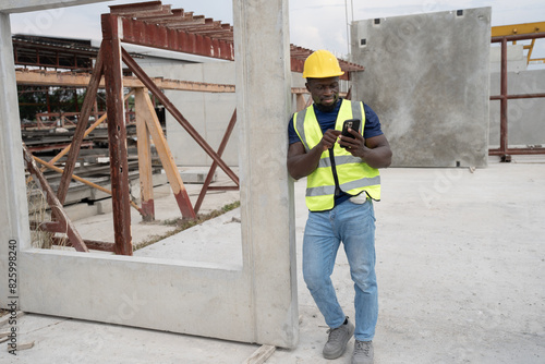 Portrait African American engineer man use smart phone with precast cement at precast cement outdoor factory	