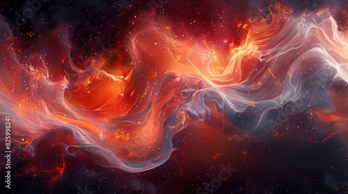 an abstract illustration of fire in the sky involving colorful clouds merging as a burst of smoke