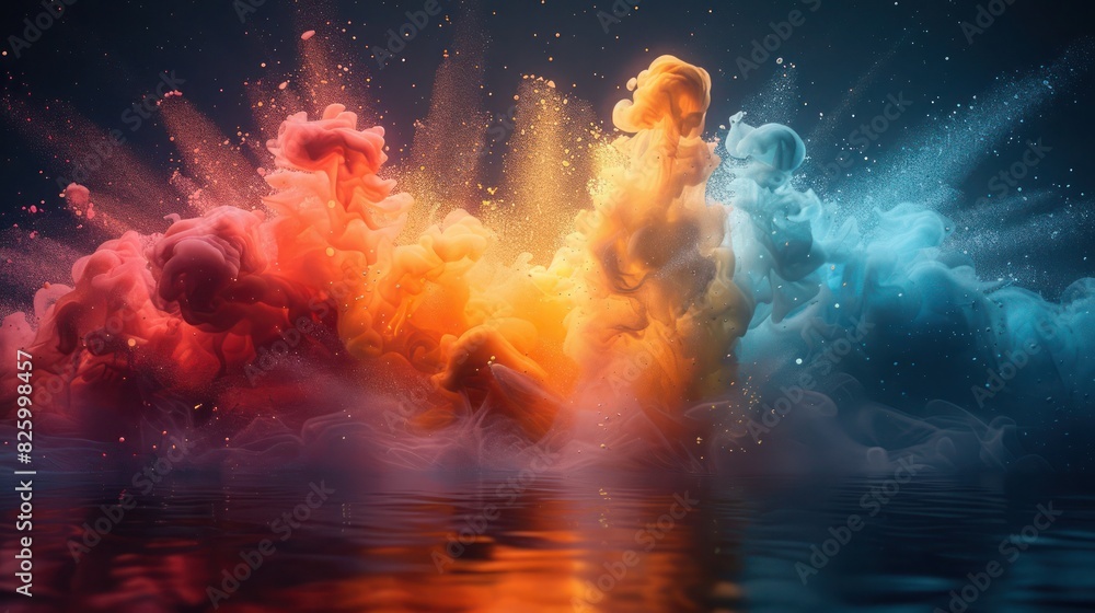 an abstract illustration of fire in the sky involving colorful clouds merging as a burst of smoke an abstract illustration of fire in the sky involving colorful clouds merging as a burst of smoke