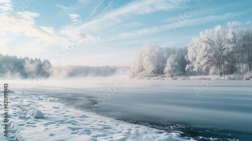Frozen Lake Landscape View with Ice, Snow, and Smoke © mattegg