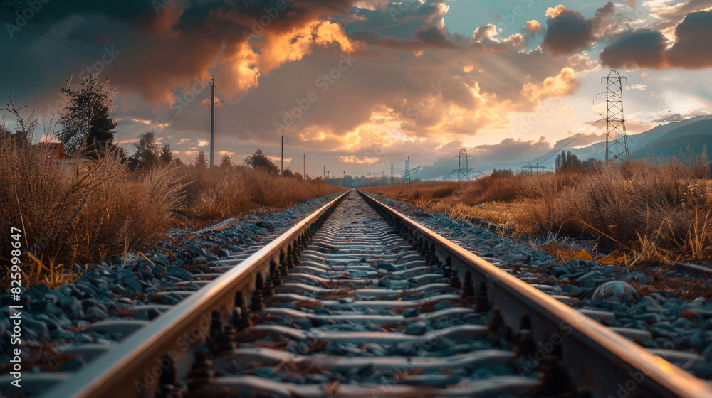 Fototapeta premium Dramatic sunset over railway tracks with vibrant sky