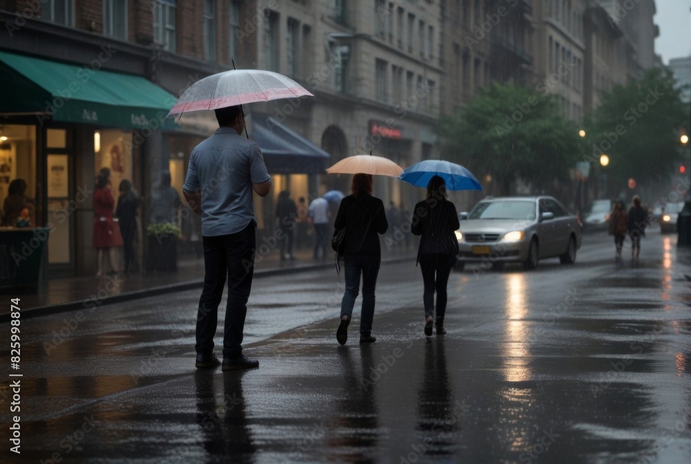 Obraz premium Rainy day, people walking under umbrellas on the street in the rain