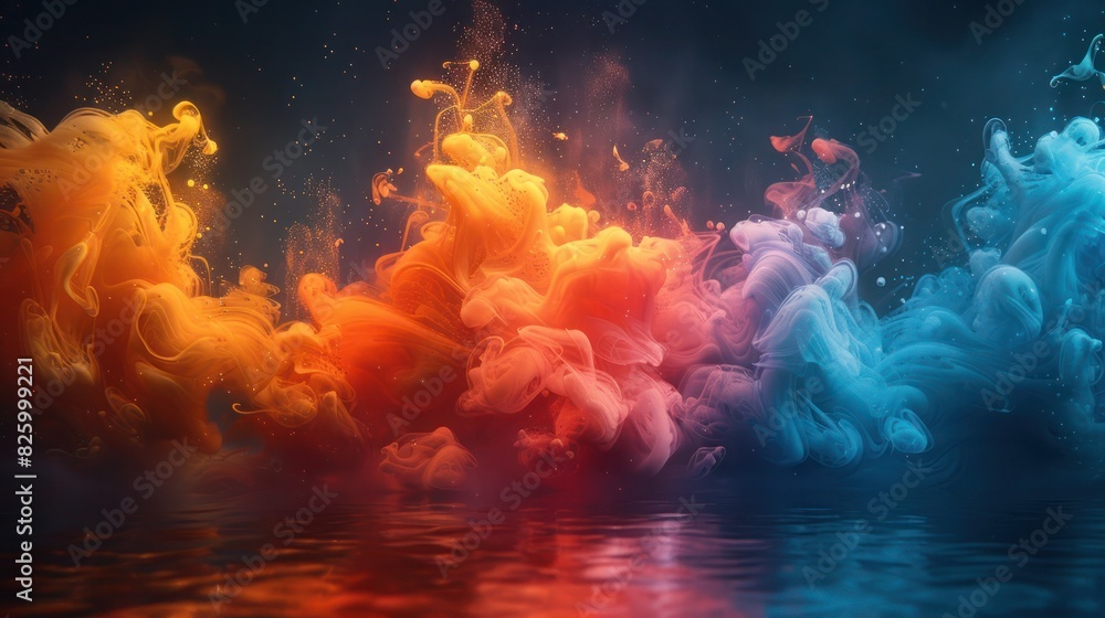 an abstract illustration of fire in the sky involving colorful clouds merging as a burst of smoke