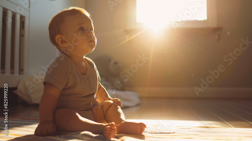 Baby in tranquil sunlight, exploring new sensations on the floor. photo