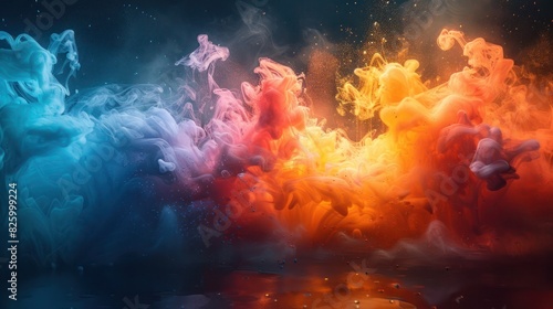 an abstract illustration of fire in the sky involving colorful clouds merging as a burst of smoke