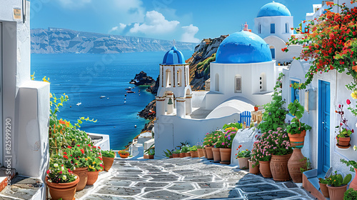 Fototapeta Naklejka Na Ścianę i Meble -  The Greek island of Santorini is picturesque, with its iconic white buildings and blue domes overlooking the sea. The cobbled streets are lined with traditional floral courtyards