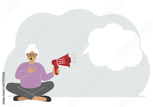 A woman with a mouthpiece in his hand sits cross-legged. From loudspeaker bubbles to accommodate text. Vector flat illustration