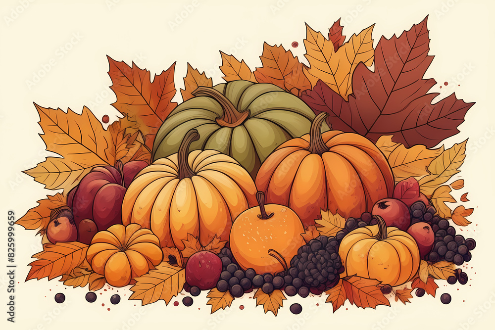 Illustration of a festive Thanksgiving scene, adorned with pumpkins, ripe fruits, and a vibrant array of autumn leaves.