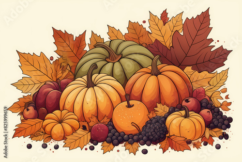 Illustration of a festive Thanksgiving scene  adorned with pumpkins  ripe fruits  and a vibrant array of autumn leaves.