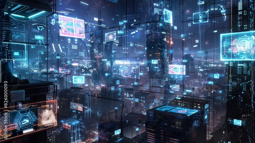 A futuristic cityscape with digital displays and holographic projections A futuristic cityscape with digital displays and holographic projections