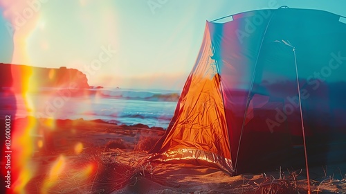 Tent on a beach at sunset with a vibrant  colorful light leak effect.