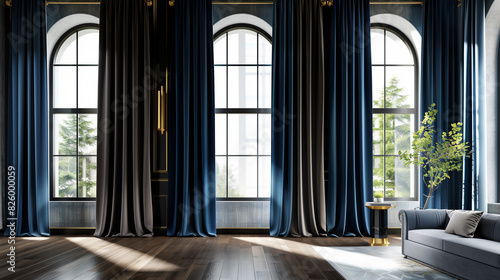 rich navy blue drapes hanging from gold curtain rods, framing tall windows
