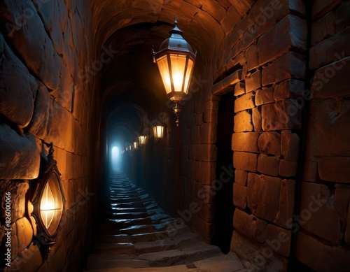 An ancient stone corridor with arches and warm lantern light  invoking a sense of history and journey through medieval architecture.. AI Generation