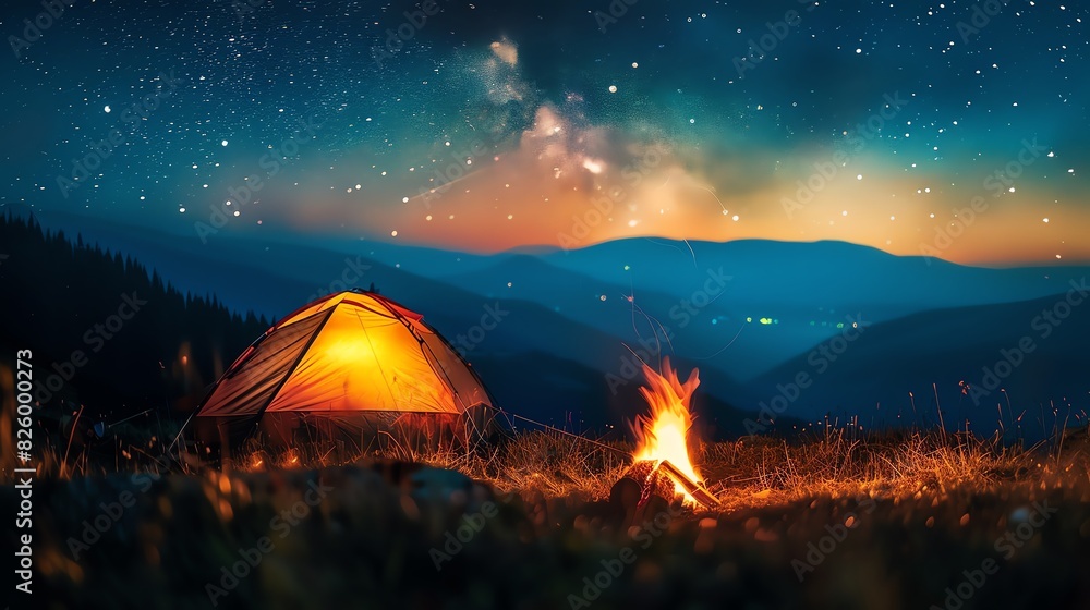 Campsite under starry night sky with fire and tent.