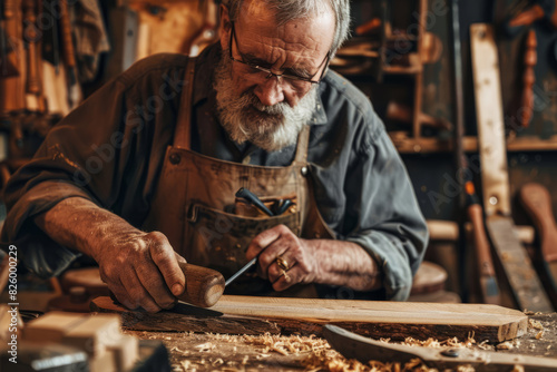 Elderly artisan sculpting wood with precision in rustic workshop