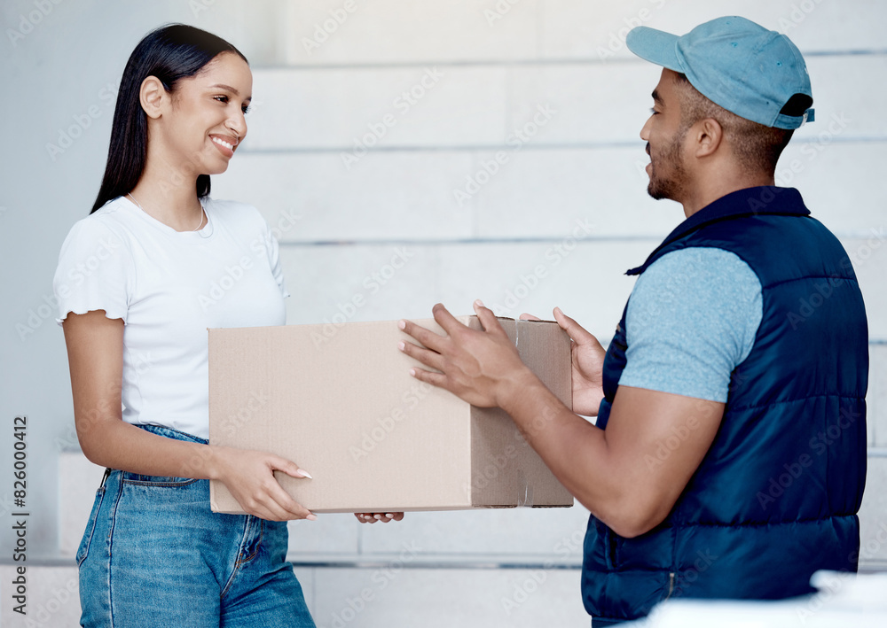 Woman, courier and delivery man with box, service and retail with package, ecommerce and industry. People, employee and girl with parcel, cardboard and shipping with logistics, supply chain and cargo Woman, courier and delivery man with box, service and retail with package, ecommerce and industry. People, employee and girl with parcel, cardboard and shipping with logistics, supply chain and cargo