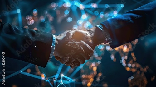 Close-up of a handshake between two businessmen with a futuristic digital network background, symbolizing a successful partnership.