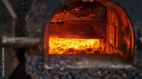 A close-up view of glowing coals inside an old brick furnace, radiating intense heat during the evening. photo