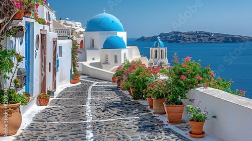 Fototapeta Naklejka Na Ścianę i Meble -  The Greek island of Santorini is picturesque, with its iconic white buildings and blue domes overlooking the sea. The cobbled streets are lined with traditional floral courtyards