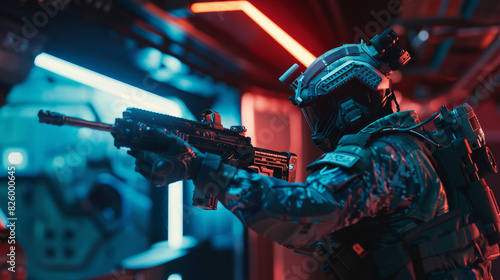 Futuristic soldier in combat gear aiming a rifle, illuminated by the red glow of a cyber battle scene. photo