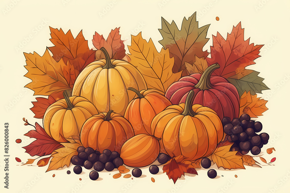 Illustration of a festive Thanksgiving scene, adorned with pumpkins, ripe fruits, and a vibrant array of autumn leaves. Illustration of a festive Thanksgiving scene, adorned with pumpkins, ripe fruits, and a vibrant array of autumn leaves.