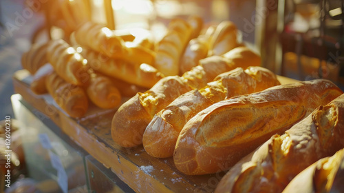Freshly baked golden baguettes basking in warm sunlight on a bakery shelf.