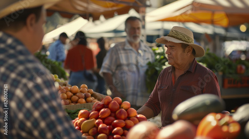 Market vendor in a straw hat selling colorful, fresh produce to customers.