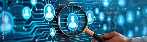 Concept of talent search and recruitment with a figure using a magnifying glass to select a candidate from a digital board