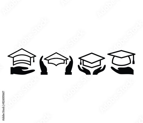 education care hand holding graduation hat icons vector design simple black white illustration template sets