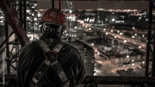 A crane operator guides a massive beam into place the reflective decals on his helmet reflecting the city lights.