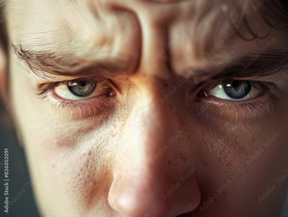 Fototapeta premium person's face with a worried expression and furrowed brows
