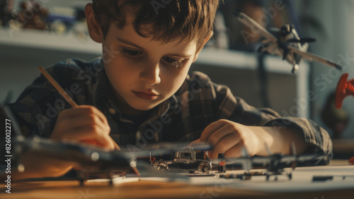 Young boy engrossed in assembling a model, lost in a world of imagination. photo