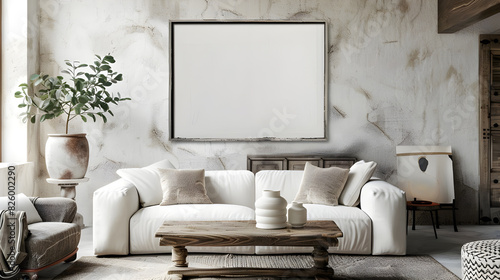 a neat White sofa with cushions against a grunge white wall with a picture frame in the middle and window curtains side by