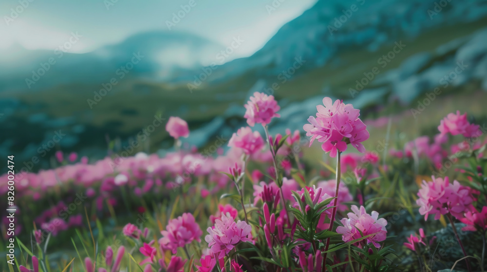 Obraz premium Vibrant pink mountain flowers bloom with a picturesque alpine backdrop.