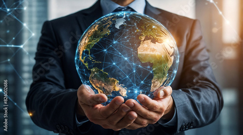 Businessman hold global business globe with intricate networks radiating outward photo
