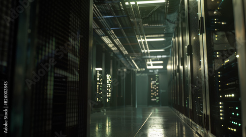 The quiet hum of servers in a dim data center corridor  a digital backbone in the shadows.