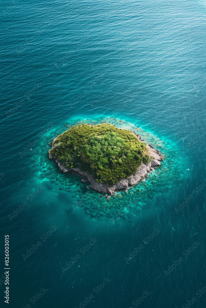 Minimalist aerial view of a small island surrounded by a vast expanse of blue sea, highlighting the isolation and simplicity. 