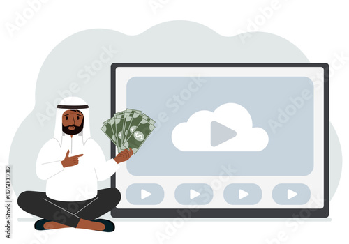 A man holds paper banknotes in his hand, next to a computer with a video. Freelancer, earning money, working on the Internet, training, coaching, business, remote work. Vector flat illustration
