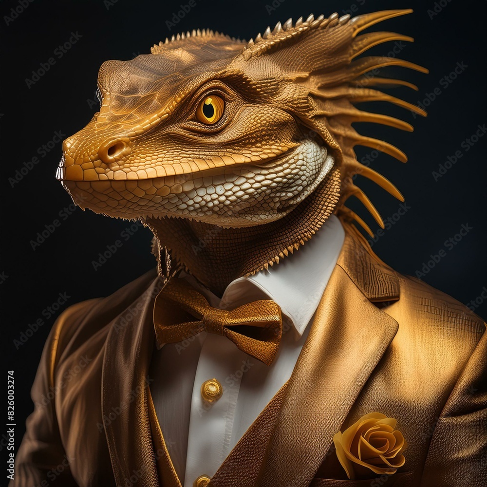 Realistic lifelike basilisk in dapper high end luxury formal suit and shirt, commercial, editorial advertisement, surreal surrealism. Realistic lifelike basilisk in dapper high end luxury formal suit and shirt, commercial, editorial advertisement, surreal surrealism.