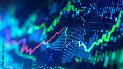 Vibrant stock market graph with upward trends, showcasing investment growth, blue and green tones, clean and modern design