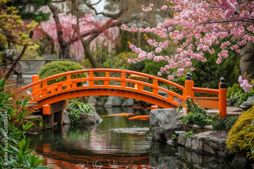 Serene garden with a koi pond, blooming cherry blossoms, traditional orange bridge, sense of tranquility and harmony, perfect spring day, editorial photography