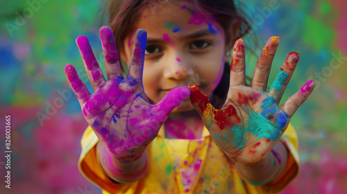 Child s hands painted in vibrant hues celebrate the joy and playfulness of Holi.